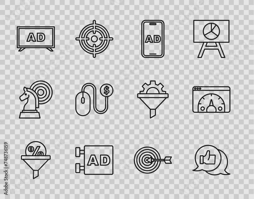 Set line Lead management, Customer product rating, Advertising, Target and Website statistic icon. Vector