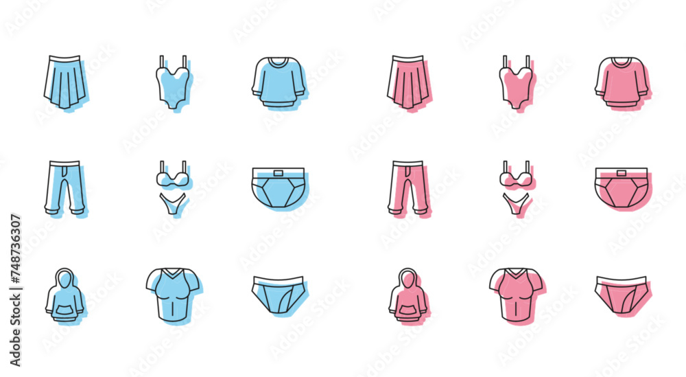 Set line Hoodie, T-shirt, Skirt, Men underpants, Swimsuit, Pants and icon. Vector Set line Hoodie, T-shirt, Skirt, Men underpants, Swimsuit, Pants and icon. Vector