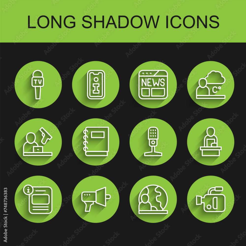 Set line Information, Megaphone, Microphone, World news, Cinema camera, Notebook, Breaking and icon. Vector