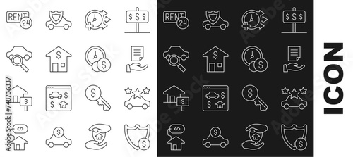 Set line Shield with dollar, Car sharing, House contract, Clock, Rent and Time is money icon. Vector