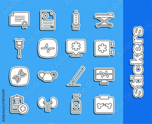 Set line X-ray shots with broken bone, Monitor cardiogram, Emergency Star of Life, Syringe, Heart rate, Crutch crutches, Certificate template and Location hospital icon. Vector