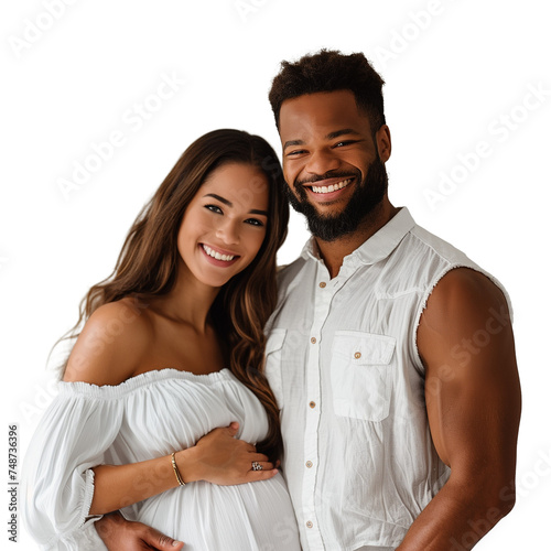 happy african american couple hugging and looking at camera isolated on transparent background.