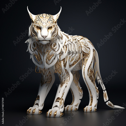 Lynx statuette, white with gold, black background. © Alexander