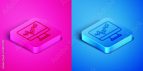 Isometric line Computer monitor with graph chart icon isolated on pink and blue background. Report text file icon. Accounting sign. Audit, analysis, planning. Square button. Vector