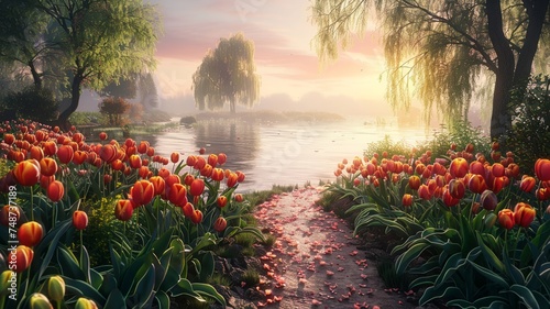 Peaceful garden pathway surrounded by blooming red and yellow tulips at sunset #748737189