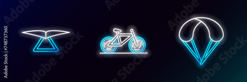 Set line Parachute, Hang glider and Bicycle icon. Glowing neon. Vector