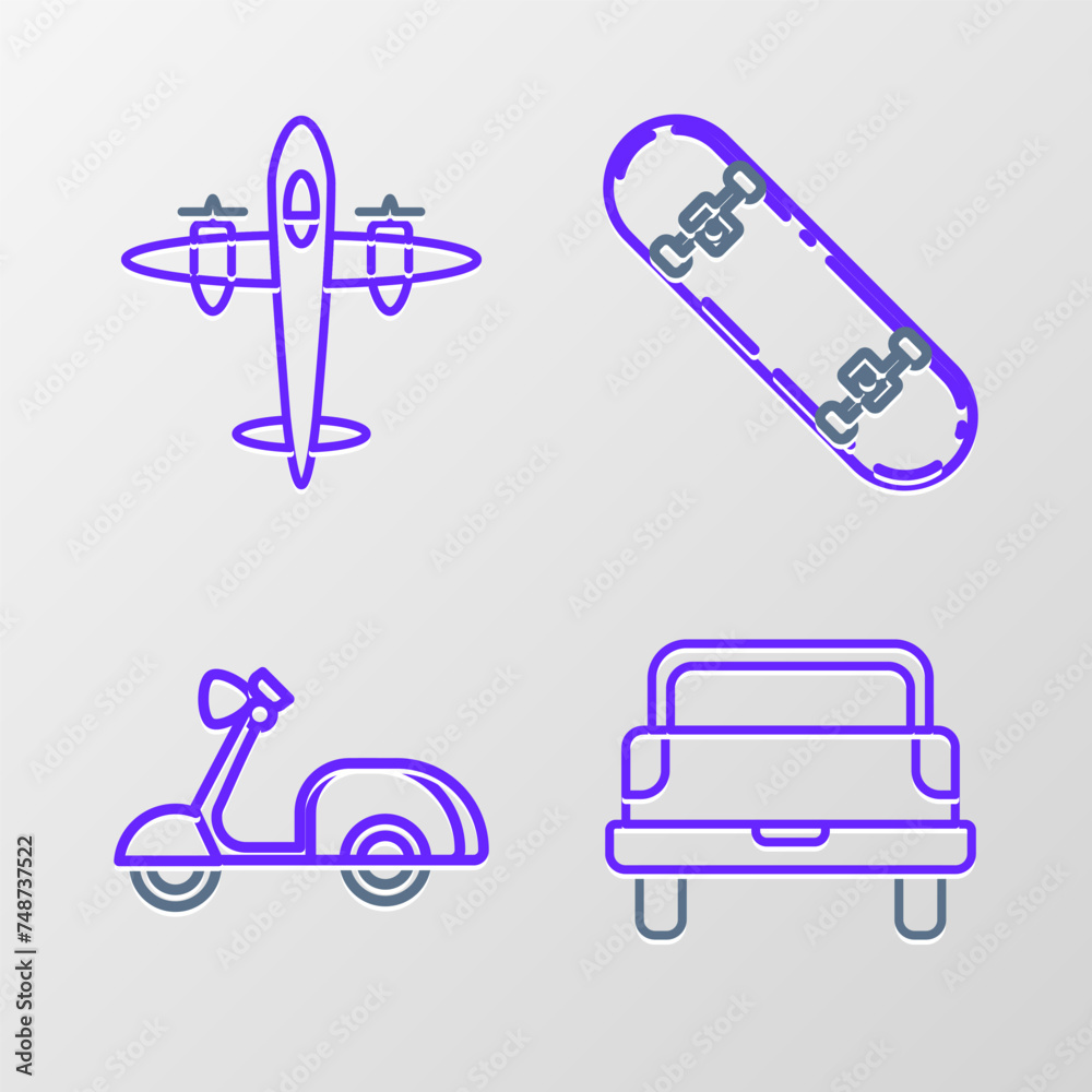 Set line Pickup truck, Scooter, Skateboard and Old retro vintage plane icon. Vector Set line Pickup truck, Scooter, Skateboard and Old retro vintage plane icon. Vector