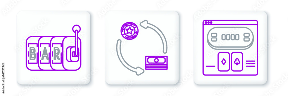 Set line Online poker table game, Slot machine and Casino chips exchange on stacks of dollars icon. Vector Set line Online poker table game, Slot machine and Casino chips exchange on stacks of dollars icon. Vector