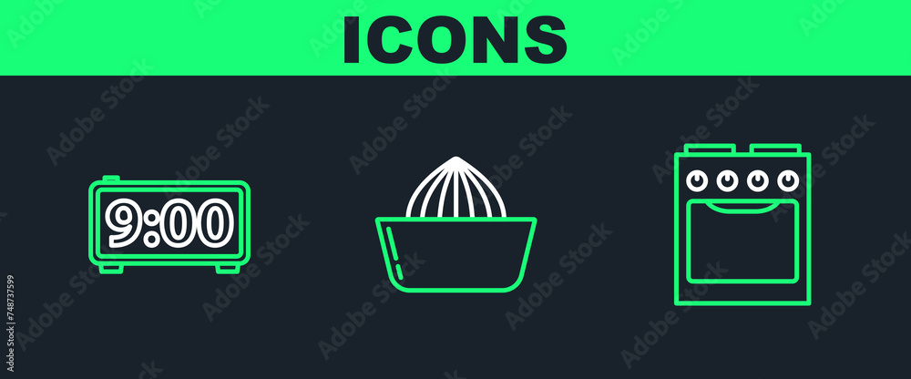 Set line Oven, Digital alarm clock and Citrus fruit juicer icon. Vector Set line Oven, Digital alarm clock and Citrus fruit juicer icon. Vector