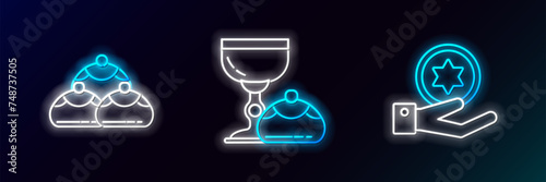 Set line Jewish coin on hand, sweet bakery and goblet hanukkah sufganiyot icon. Glowing neon. Vector