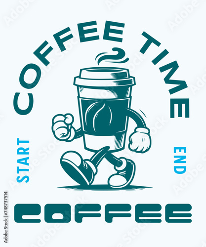 mascot cup a coffee walking with style with text graphic design vector illustration
