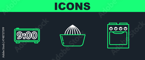 Set line Oven, Digital alarm clock and Citrus fruit juicer icon. Vector