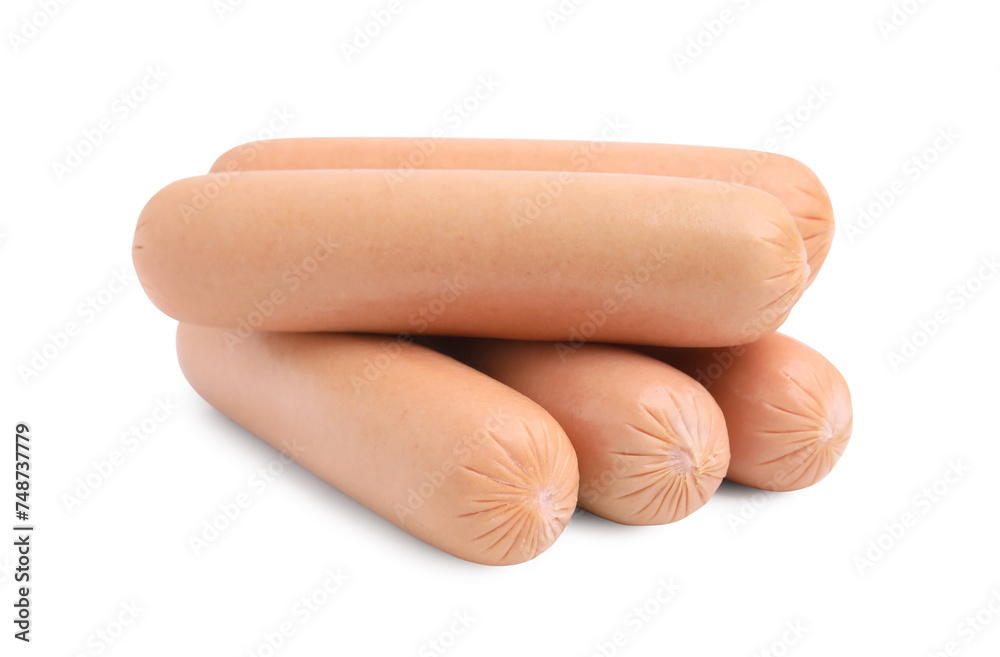 Many delicious boiled sausages on white background Many delicious boiled sausages on white background