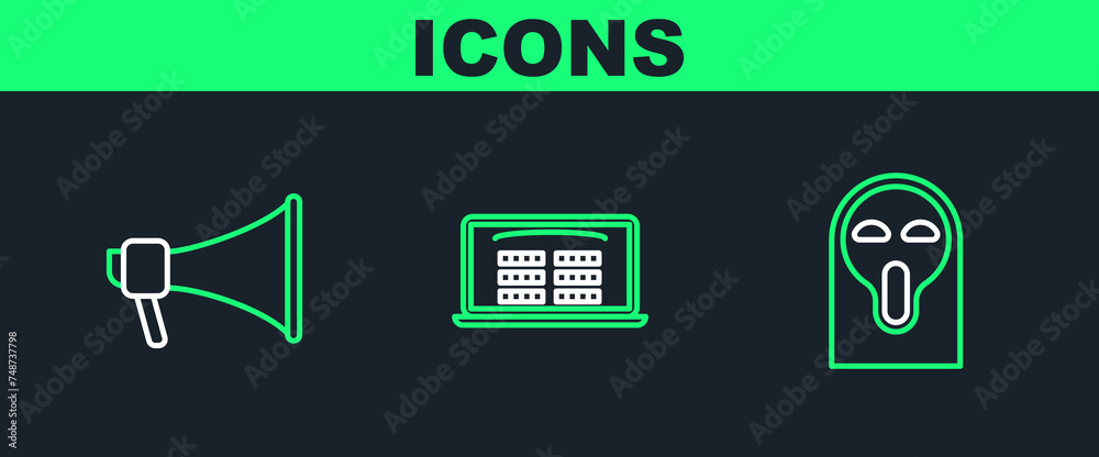 Set line Funny and scary ghost mask, Megaphone and Buy cinema ticket online icon. Vector Set line Funny and scary ghost mask, Megaphone and Buy cinema ticket online icon. Vector