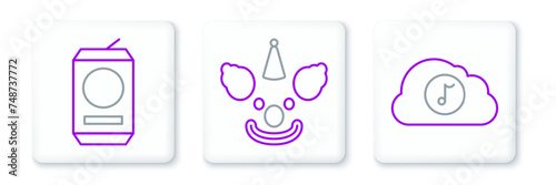 Set line Music streaming service, Beer can and Clown head icon. Vector