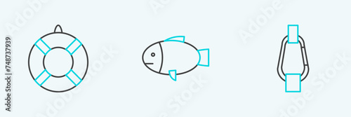 Set line Carabiner, Lifebuoy and Fish icon. Vector