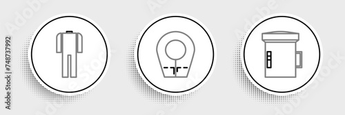 Set line Big flashlight for diver, Wetsuit scuba diving and Diving hood icon. Vector