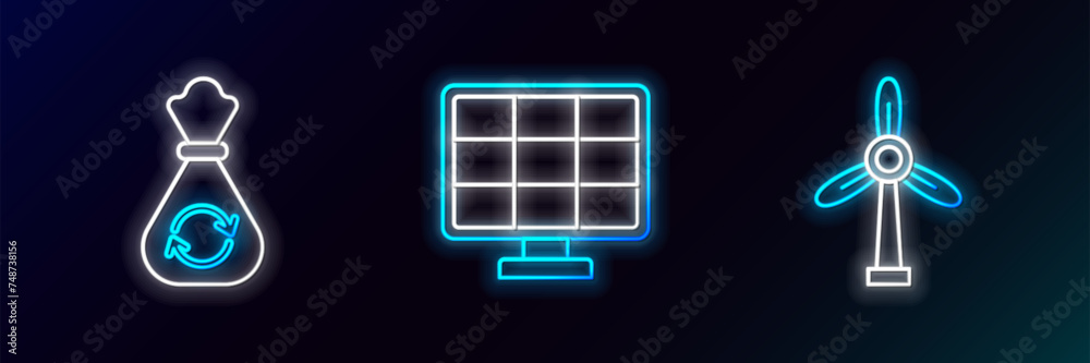 Set line Wind turbine, Garbage bag with recycle and Solar energy panel icon. Glowing neon. Vector Set line Wind turbine, Garbage bag with recycle and Solar energy panel icon. Glowing neon. Vector