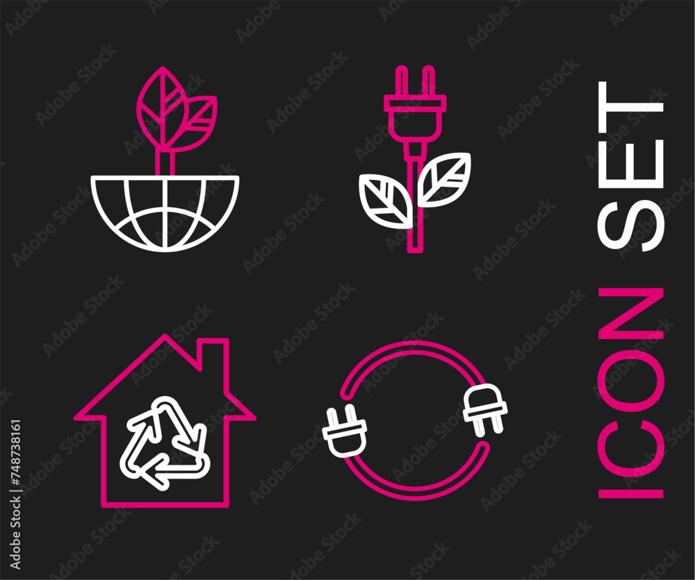 Set line Electric plug, Eco House with recycling symbol, saving leaf and Earth globe and icon. Vector Set line Electric plug, Eco House with recycling symbol, saving leaf and Earth globe and icon. Vector
