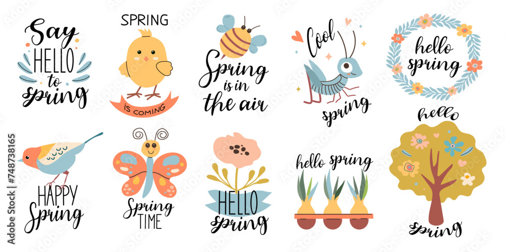 Fototapeta premium Spring set. Hello spring quotes set. Spring labels with season calligraphy quotes, flowers, wreathes. Hand drawn vector illustration.