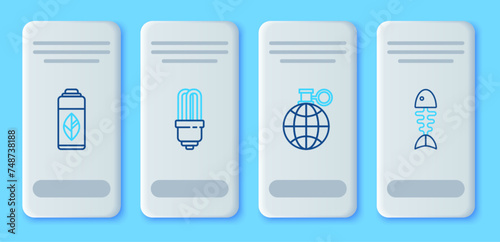 Set line LED light bulb, Planet earth and a recycling, Recycling plastic bottle and Fish skeleton icon. Vector