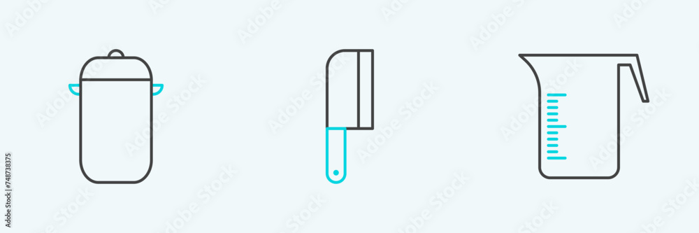 Set line Measuring cup, Cooking pot and Meat chopper icon. Vector Set line Measuring cup, Cooking pot and Meat chopper icon. Vector