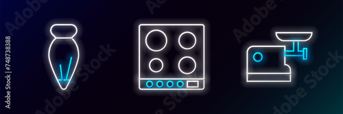 Set line Kitchen meat grinder, Pastry bag for decorate cakes and Gas stove icon. Glowing neon. Vector