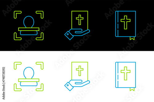 Set line Holy bible book, Face recognition and Oath the Bible icon. Vector