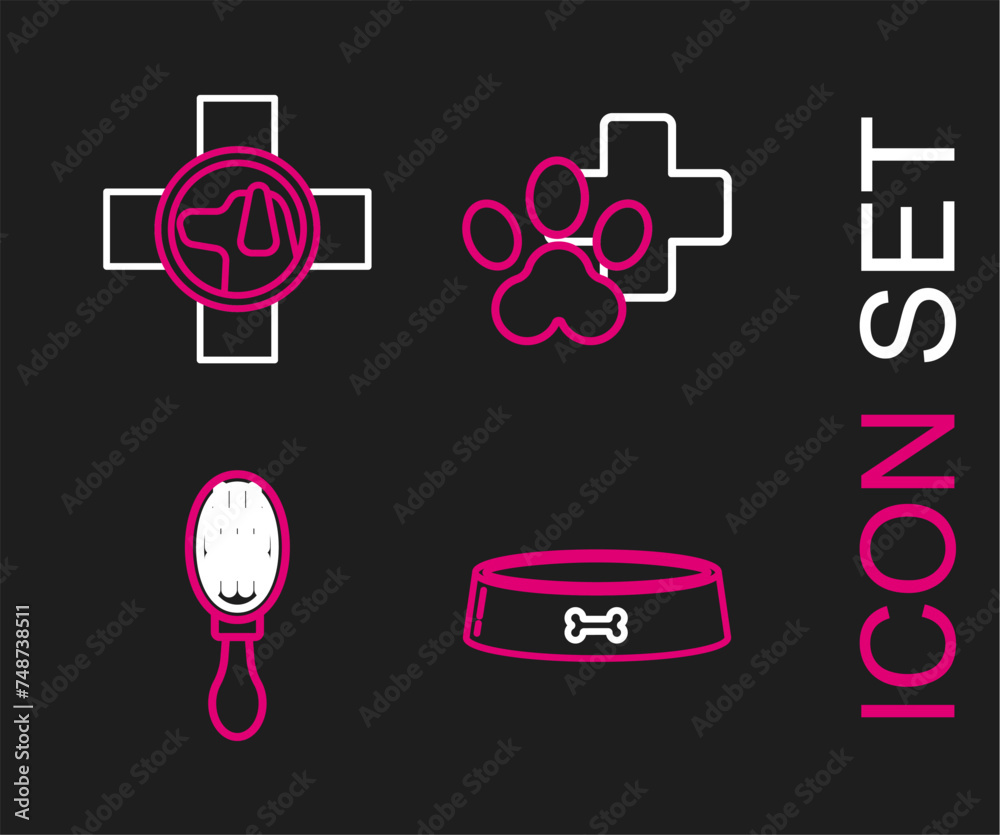 Set line Pet food bowl, Hair brush for dog and cat, Veterinary clinic symbol and icon. Vector Set line Pet food bowl, Hair brush for dog and cat, Veterinary clinic symbol and icon. Vector