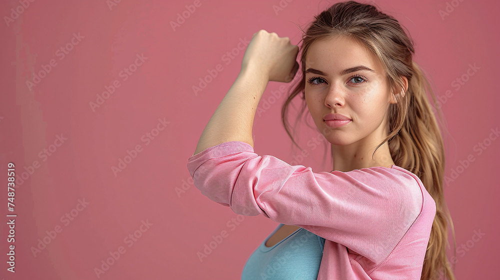 Young caucasian feminist woman showing her power, strong bicep pose, on pink background, in celebration of women's day and rights, space for text banner Young caucasian feminist woman showing her power, strong bicep pose, on pink background, in celebration of women's day and rights, space for text banner