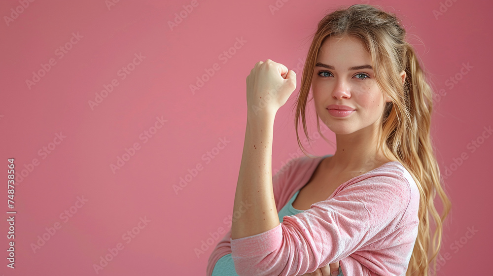 Young caucasian feminist woman showing her power, strong bicep pose, on pink background, in celebration of women's day and rights, space for text banner Young caucasian feminist woman showing her power, strong bicep pose, on pink background, in celebration of women's day and rights, space for text banner