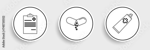 Set line Ointment cream tube medicine, Medical clipboard with clinical record and Medicine pill tablet icon. Vector