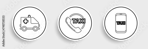 Set line Taxi call telephone service, Ambulance and emergency car and icon. Vector