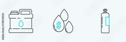 Set line Industrial gas cylinder tank, Canister for motor machine oil and Oil drop with dollar symbol icon. Vector