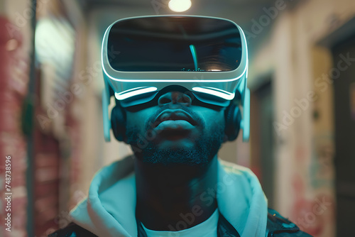 A young man wearing virtual reality glasses, immersed in digital simulation, exploring innovative technology experiences © River Girl