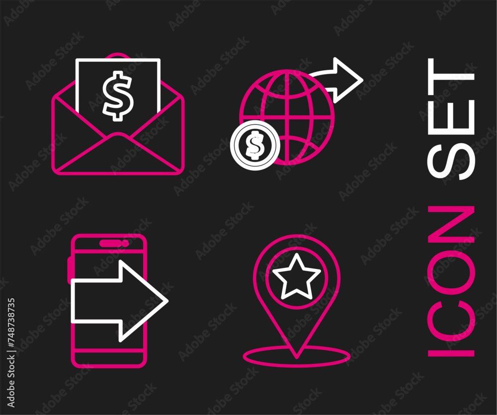 Set line Map pointer with star, Smartphone, mobile phone, Earth globe dollar and Envelope coin icon. Vector Set line Map pointer with star, Smartphone, mobile phone, Earth globe dollar and Envelope coin icon. Vector