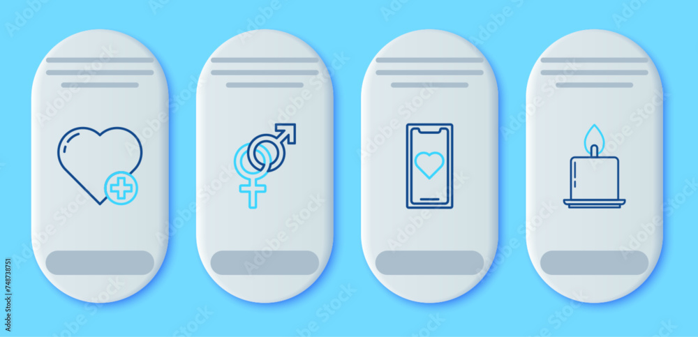 Set line Gender, Mobile phone with heart, Heart and Burning candle icon. Vector
