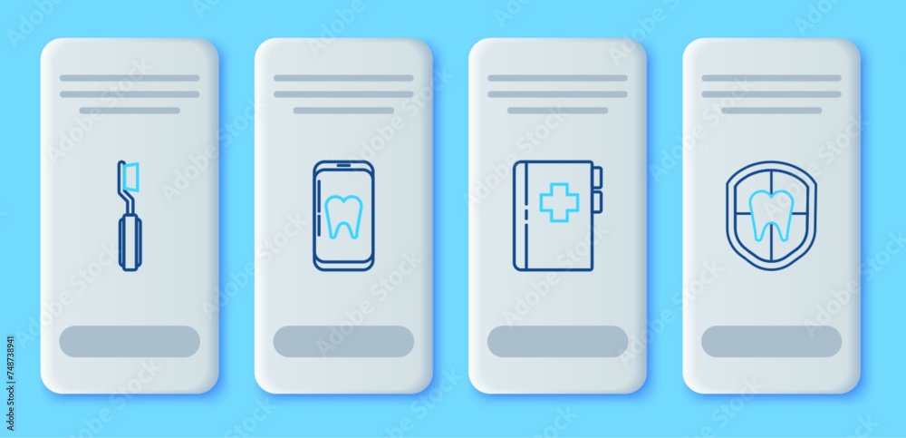 Set line Online dental care, Clipboard with card, Toothbrush and Dental protection icon. Vector