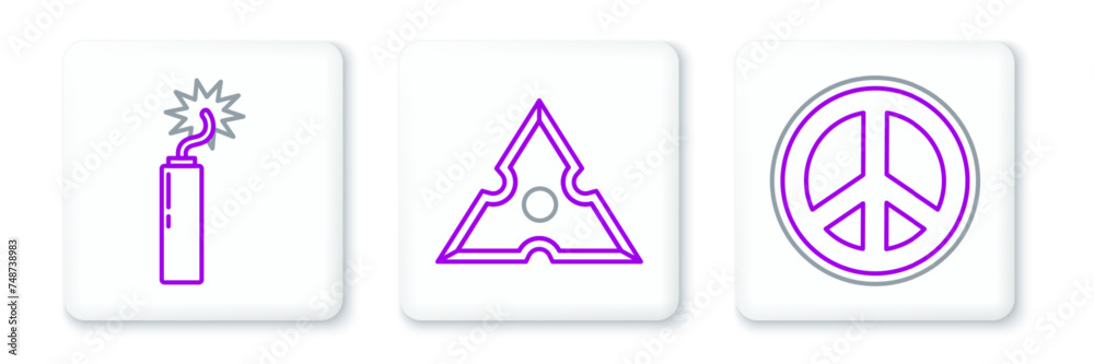 Set line Peace, Dynamite bomb stick clock and Japanese ninja shuriken icon. Vector Set line Peace, Dynamite bomb stick clock and Japanese ninja shuriken icon. Vector