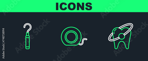 Set line Tooth whitening concept, Dental explorer scaler for teeth and floss icon. Vector