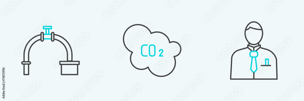 Set line Businessman or stock market trader, Industry pipe and valve and CO2 emissions cloud icon. Vector