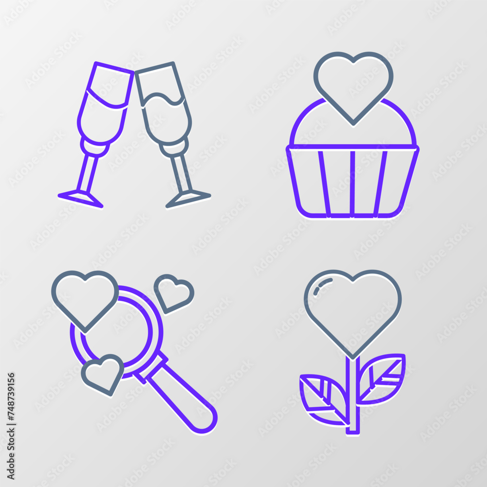 Set line Heart shape in a flower, Search heart and love, Wedding cake with and Glass of champagne icon. Vector Set line Heart shape in a flower, Search heart and love, Wedding cake with and Glass of champagne icon. Vector