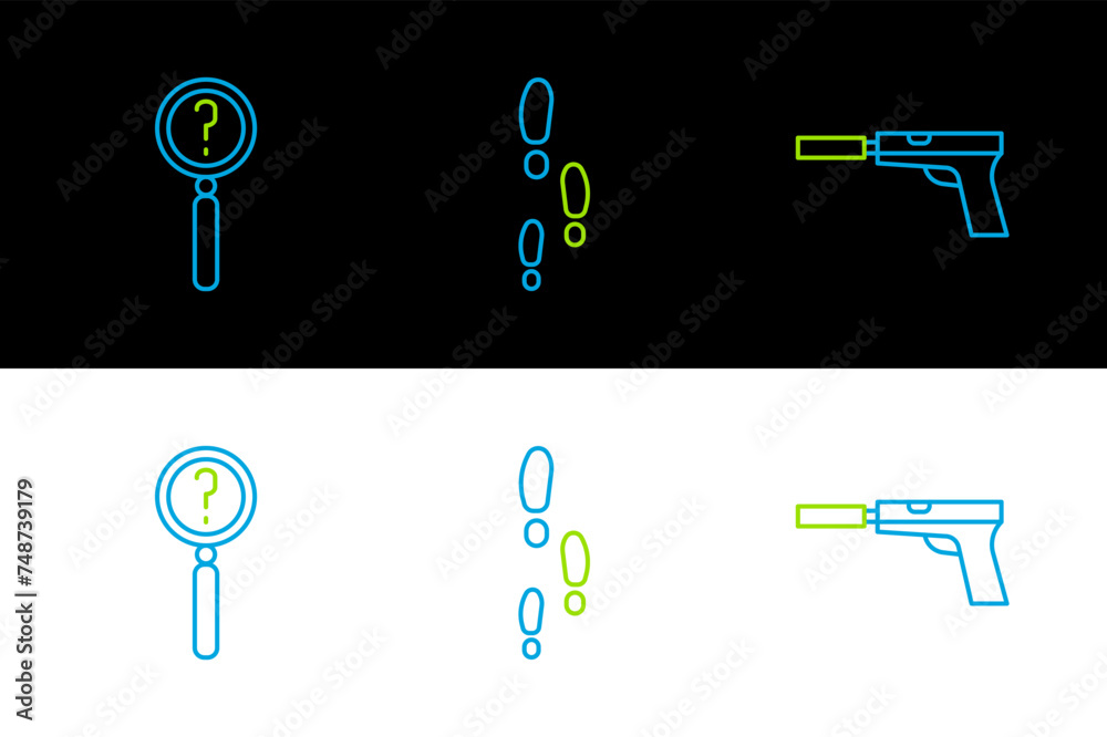 Set line Pistol or gun with silencer, Magnifying glass search and Footsteps icon. Vector Set line Pistol or gun with silencer, Magnifying glass search and Footsteps icon. Vector