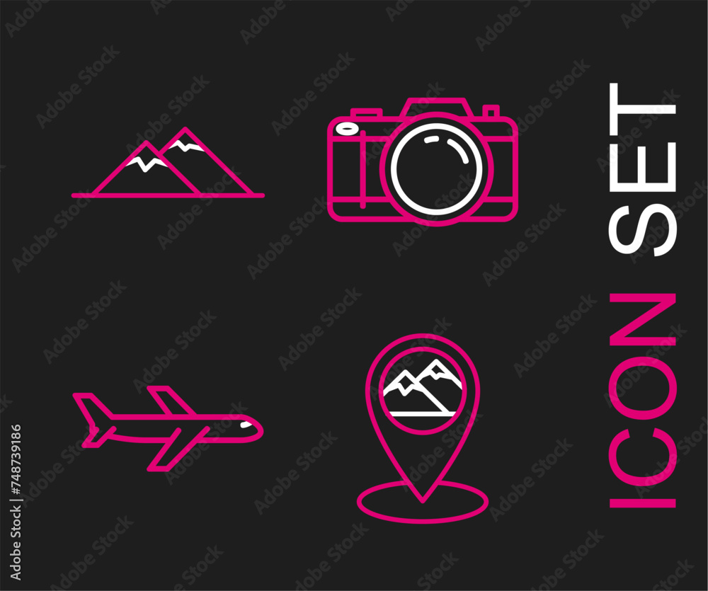 Set line Map pointer with mountain, Plane, Photo camera and Mountains icon. Vector Set line Map pointer with mountain, Plane, Photo camera and Mountains icon. Vector