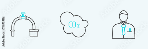 Set line Businessman or stock market trader, Industry pipe and valve and CO2 emissions cloud icon. Vector