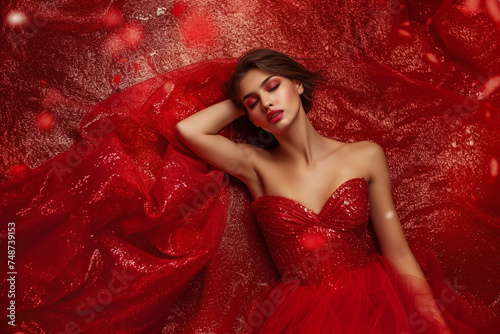 Striking Female Fashion Model Shines in Vibrant Red Dress During Indoor Photoshoot. photo