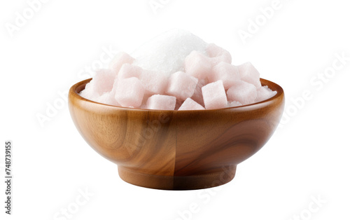 A wooden bowl filled with ice cubes. The ice cubes glisten under the light, slowly melting and creating small puddles around the bowl.