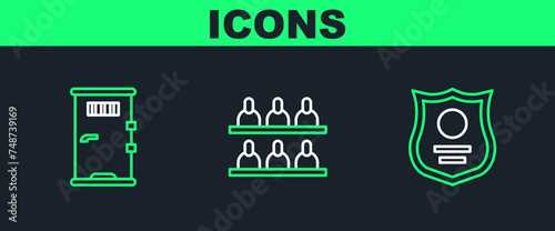 Set line Police badge, Prison cell door and Jurors icon. Vector