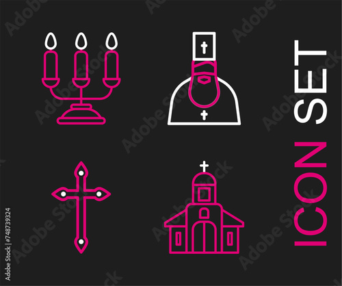 Set line Church building, Christian cross, Priest and Candelabrum with candlesticks icon. Vector