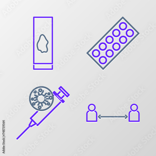 Set line Safe distance, Syringe and virus, Pills blister pack and Blood test icon. Vector